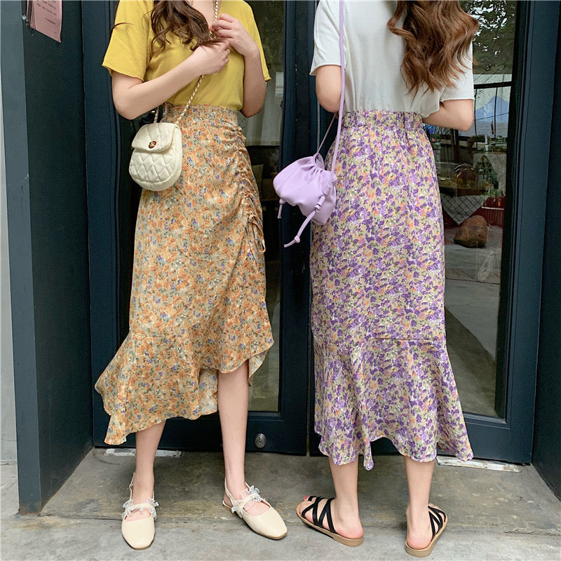 Midi floral skirt, new style, high waist, drawstring fishtail A-line skirt  3652