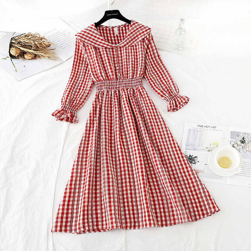 French retro Plaid Platycodon skirt shows thin temperament at the waist  4530