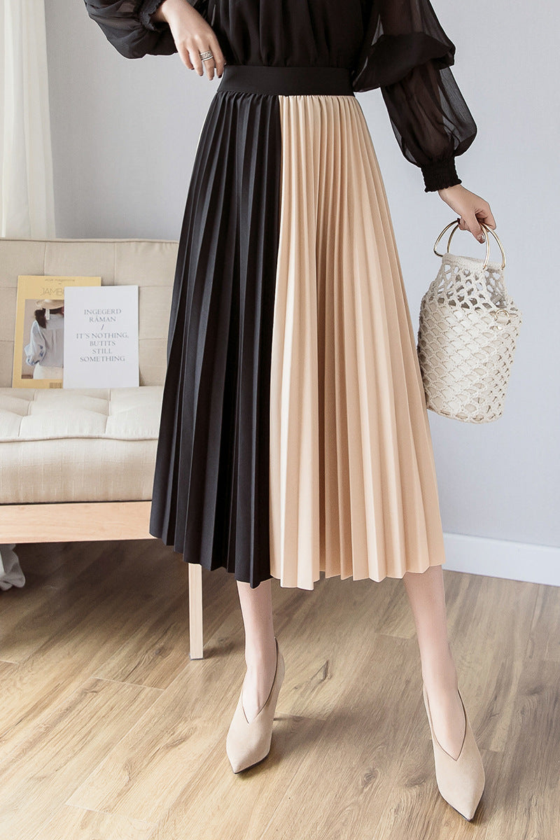 Spring/summer skirt, new style, high waist, contrasting colors, patchwork, long A-line skirt, pleated skirt  3668
