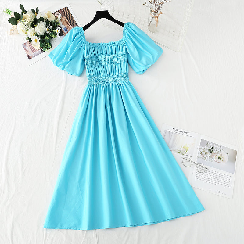 New French square neck off shoulder bubble sleeve cotton linen dress  4255