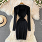 Square neck tight elastic knitted dress  3758