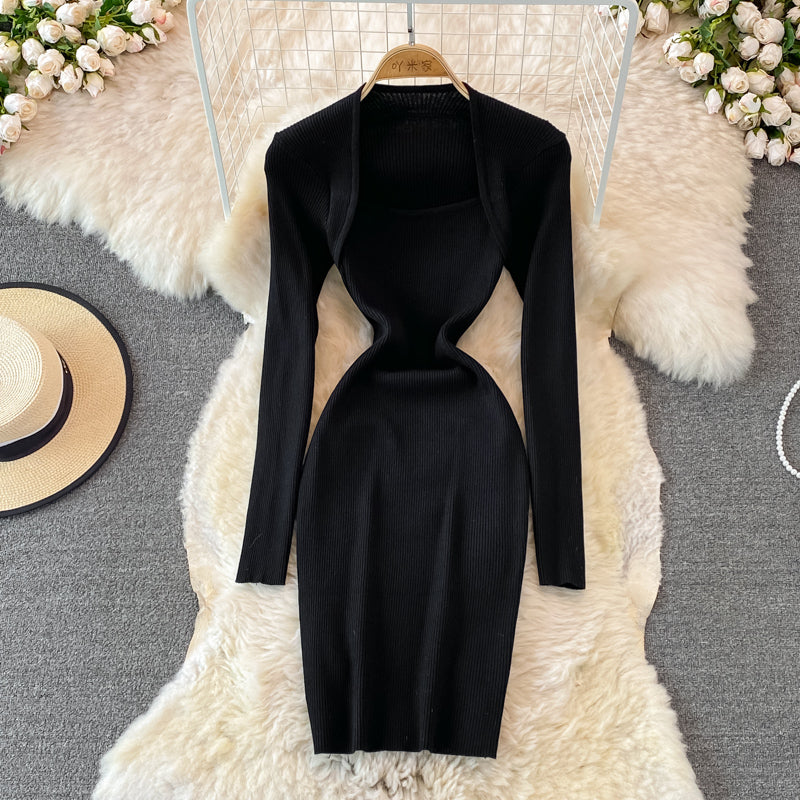 Square neck tight elastic knitted dress  3758