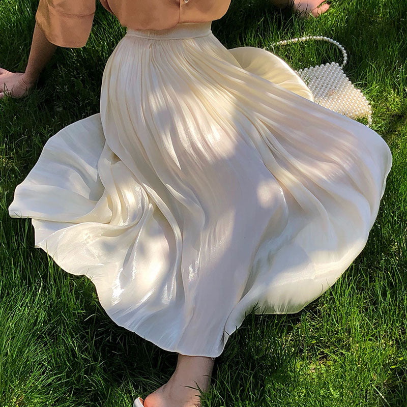 Jupe mi-longue en soie ammoniaque cuivrée lumineuse, jupe soyeuse brillante à plis nacrés, jupe midi trapèze 3591