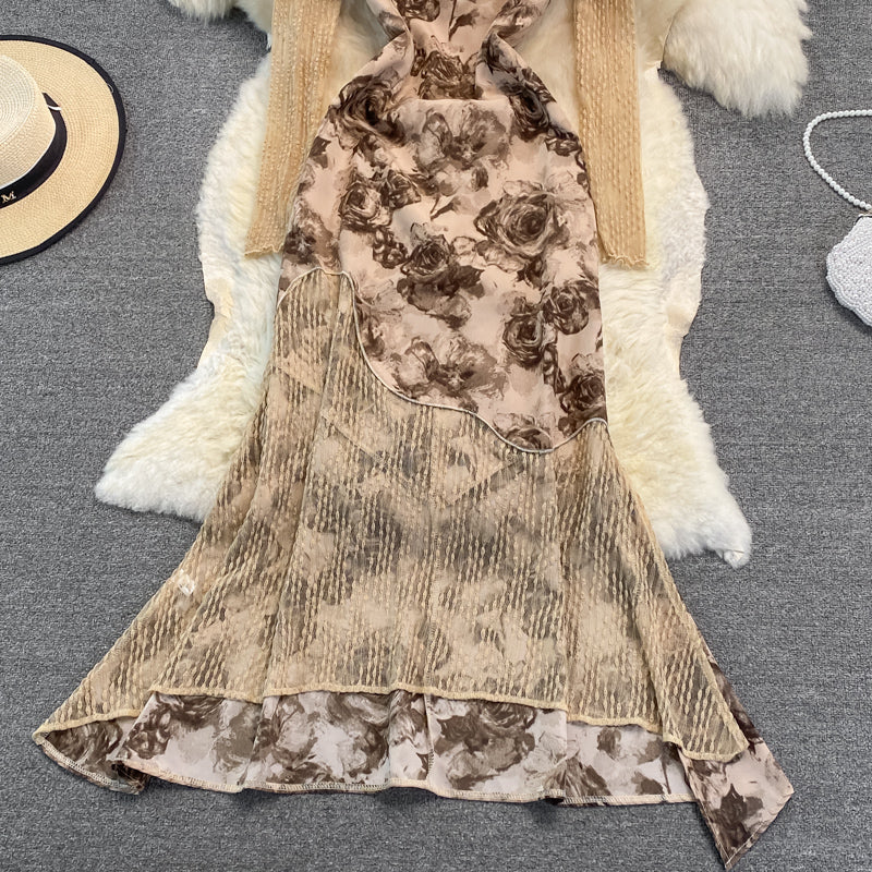 French fairy skirt super fairy rose printing gentle wind split skirt  3745