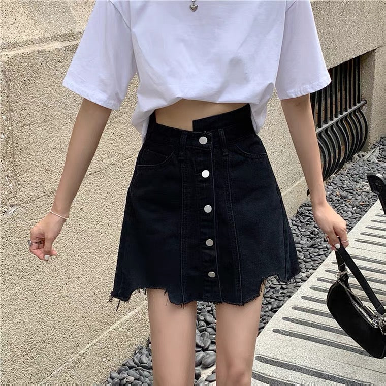 Irregular black skirt, summer, new style, high-waisted A-line skirt  3656