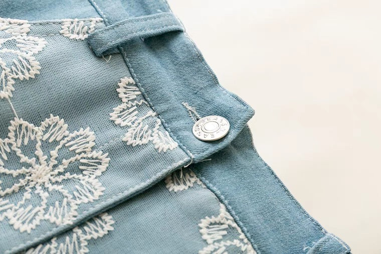 Style d'été, littérature et art, mode, petite jupe en jean fraîche, épissure de maille en dentelle 3622