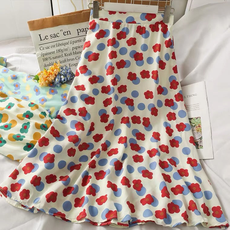 Jupe longue taille haute, imprimé fleuri, coupe trapèze, vent doux 3629