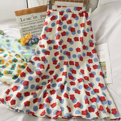 Jupe longue taille haute, imprimé fleuri, coupe trapèze, vent doux 3629