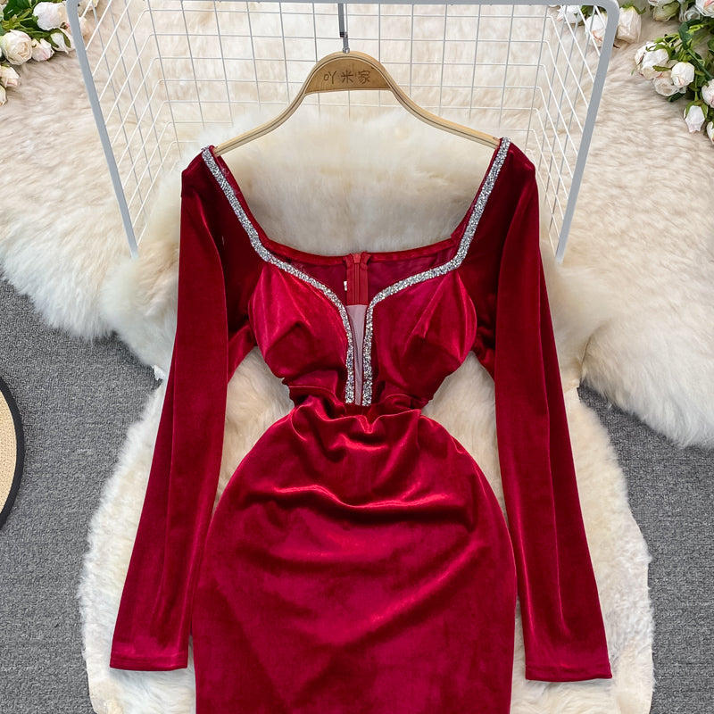 Velvet with diamond temperament, slim waist, sexy hip wrap dress  3750