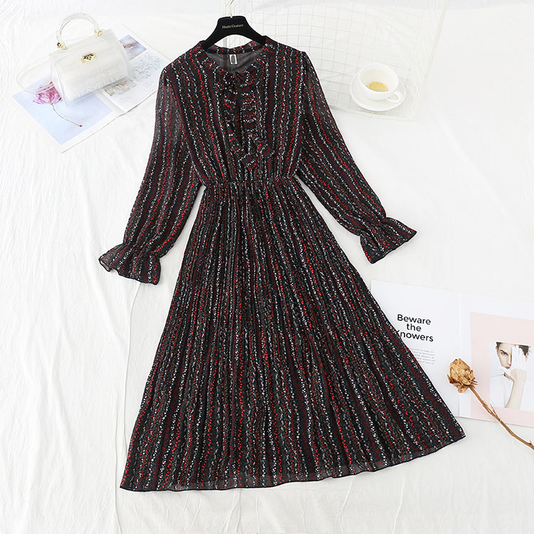 New bow tie lace up slim Pleated Chiffon bottomed skirt  4533