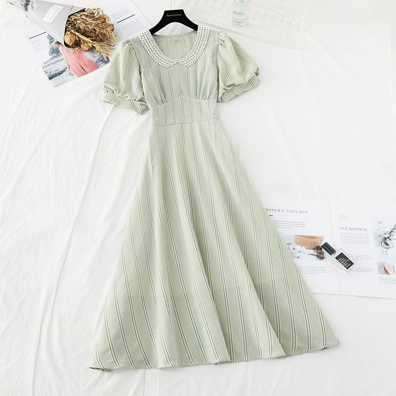 Pearl doll collar temperament goddess style waist slim French dress  4200