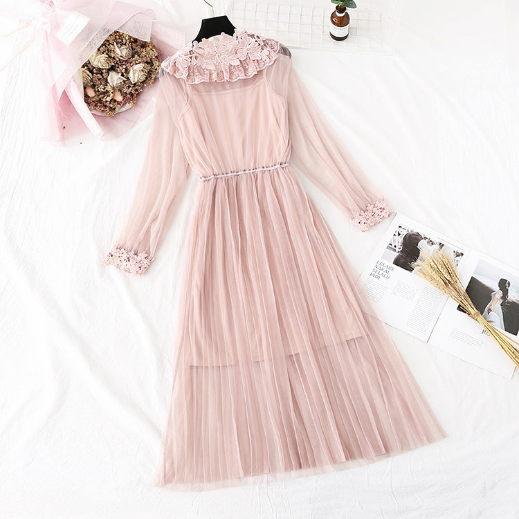 Lace flower mesh suspender dress  4370