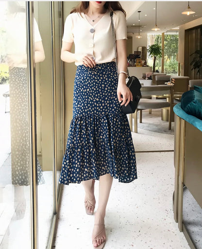 Jupe sirène taille haute à imprimé romantique et à pois irréguliers 3639