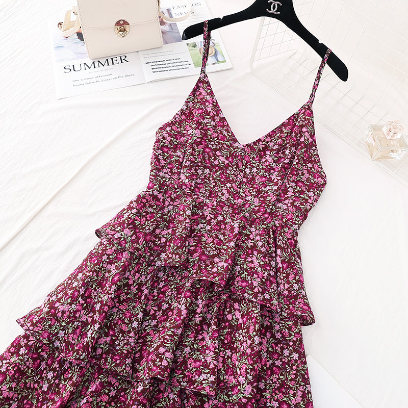 Floral suspender dress with a slim waist  4112