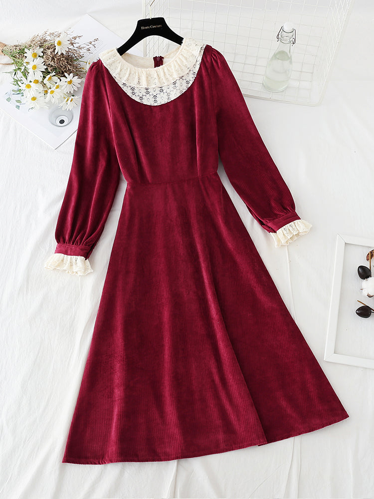 Lace collar velvet dress Retro High Waist slim  4795