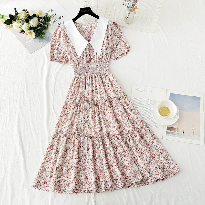 New doll collar skirt bubble sleeve floral medium length skirt  4877