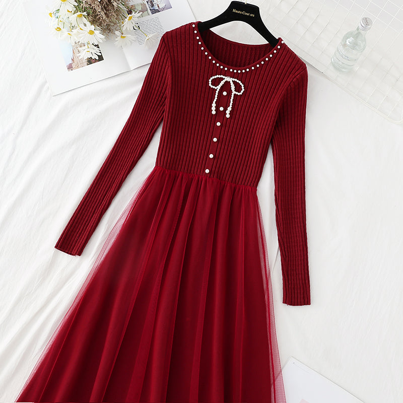 The new waist is slim and retro mesh stitched sweater skirt  4781