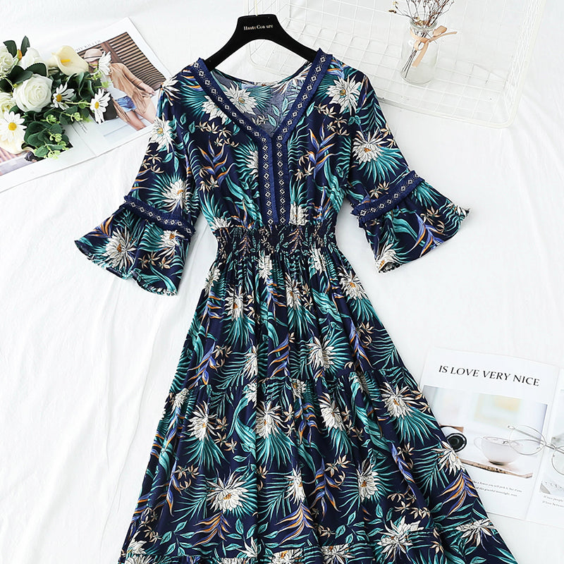 V-neck temperament slim waist long skirt seaside resort beach skirt  4257