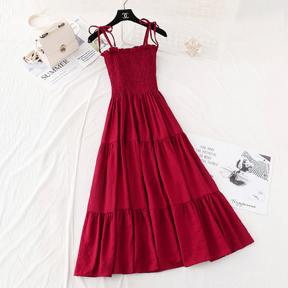 Cotton hemp suspender dress retro long skirt with slim waist  4113