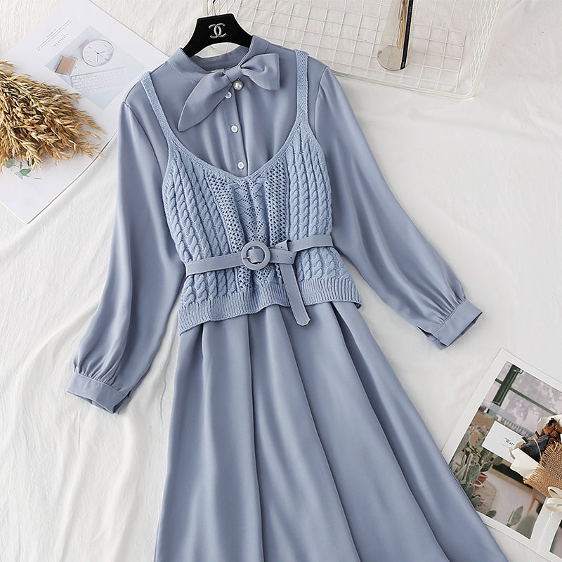 Foreign style college style long sleeve bottomed skirt + suspender vest  4449