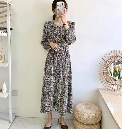 Knee thin lace up square neck fairy Vintage Floral Dress  3911