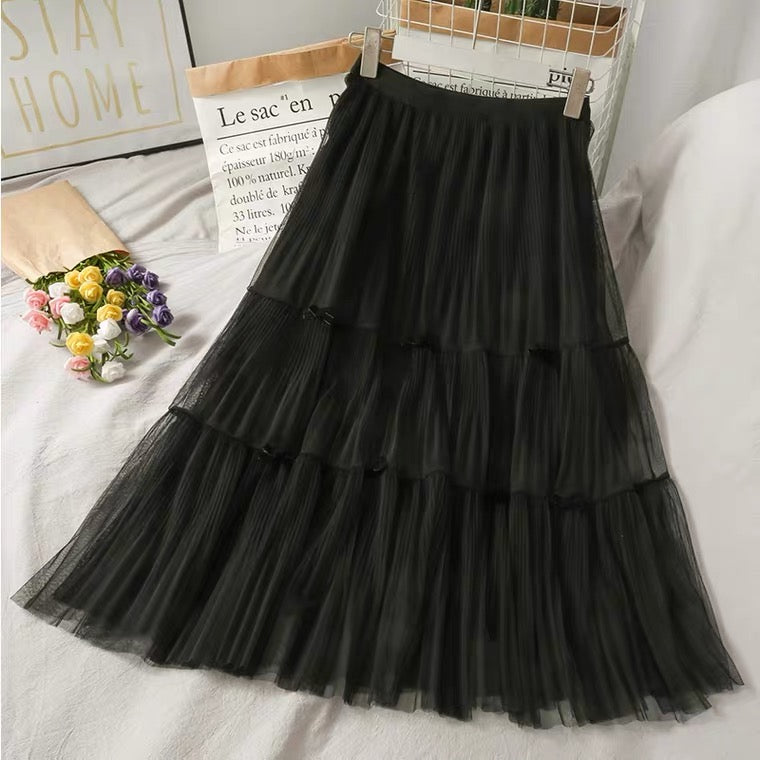 Super fairy bow decoration, splicing A-line skirt, sweet high waist tulle skirt  3603