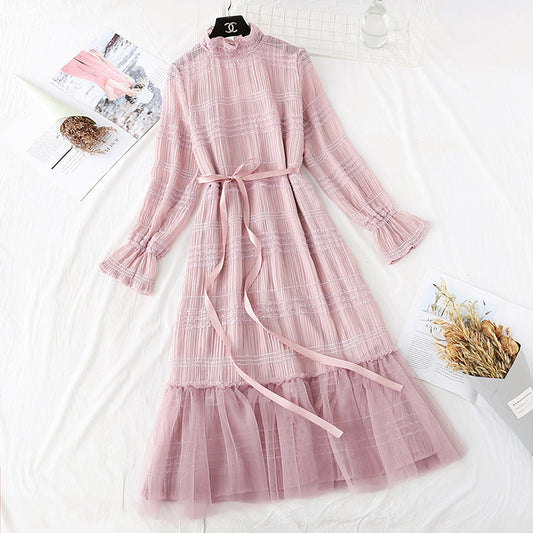 Sanfter Wind Holzohr Chiffonboden langer Rock Temperament 3792