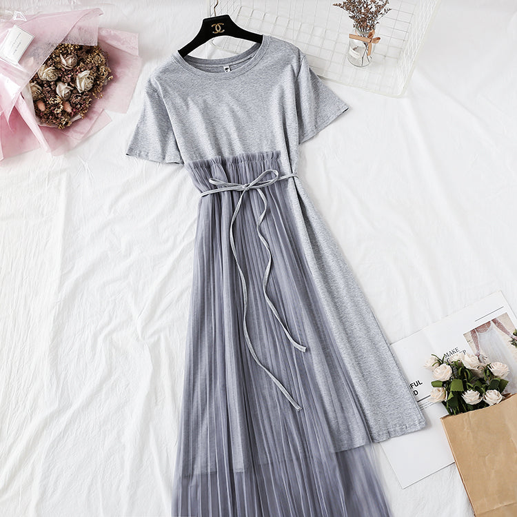 Pleated mesh irregular personality T-shirt skirt  4352