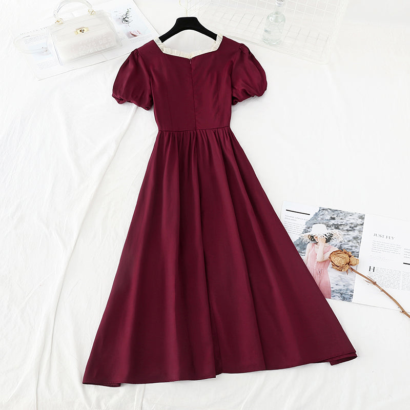 French retro square collar first love waist closing thin fairy skirt  4223