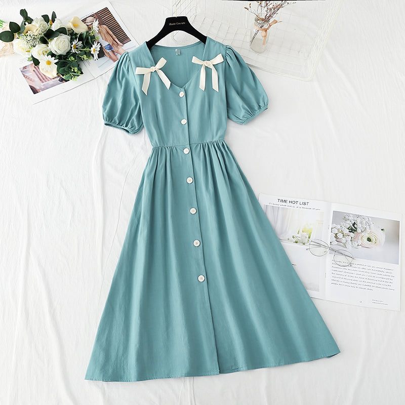 New French bow princess skirt bubble sleeve small skirt long  4247