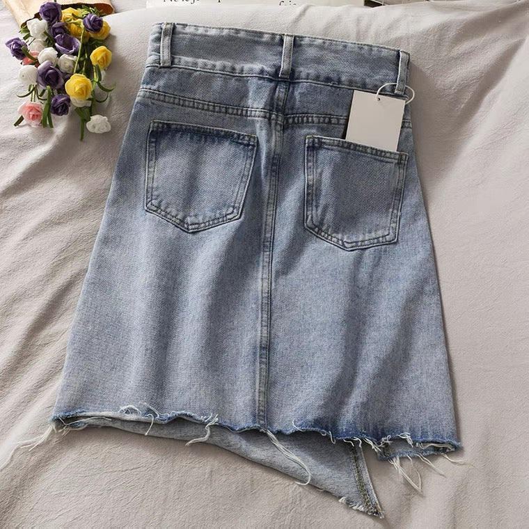 Irregular split edge light colored denim skirt, summer chic, hip wrap A-line skirt  3665