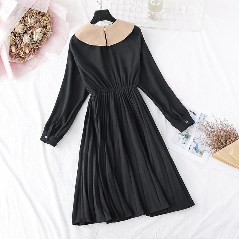 New sweet doll neck French retro pleat with a long skirt at the bottom  3908