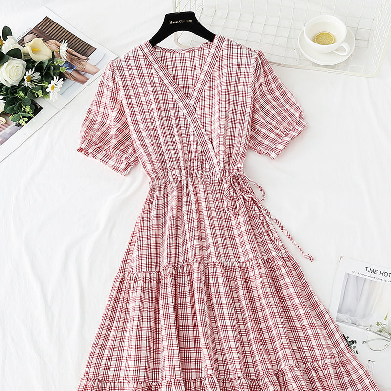 French retro V-neck dress with slim waist  4269