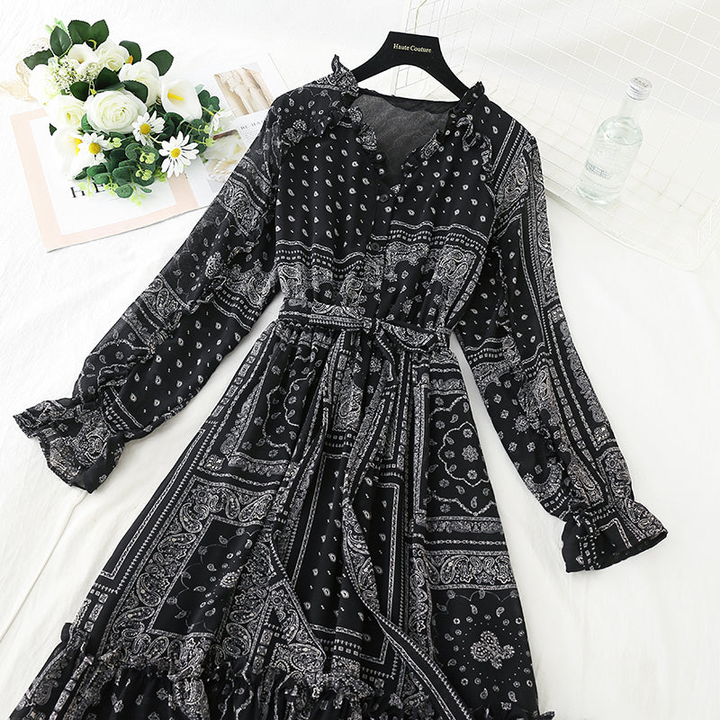 Temperament gentle wind long sleeve skirt high thin dress  3914