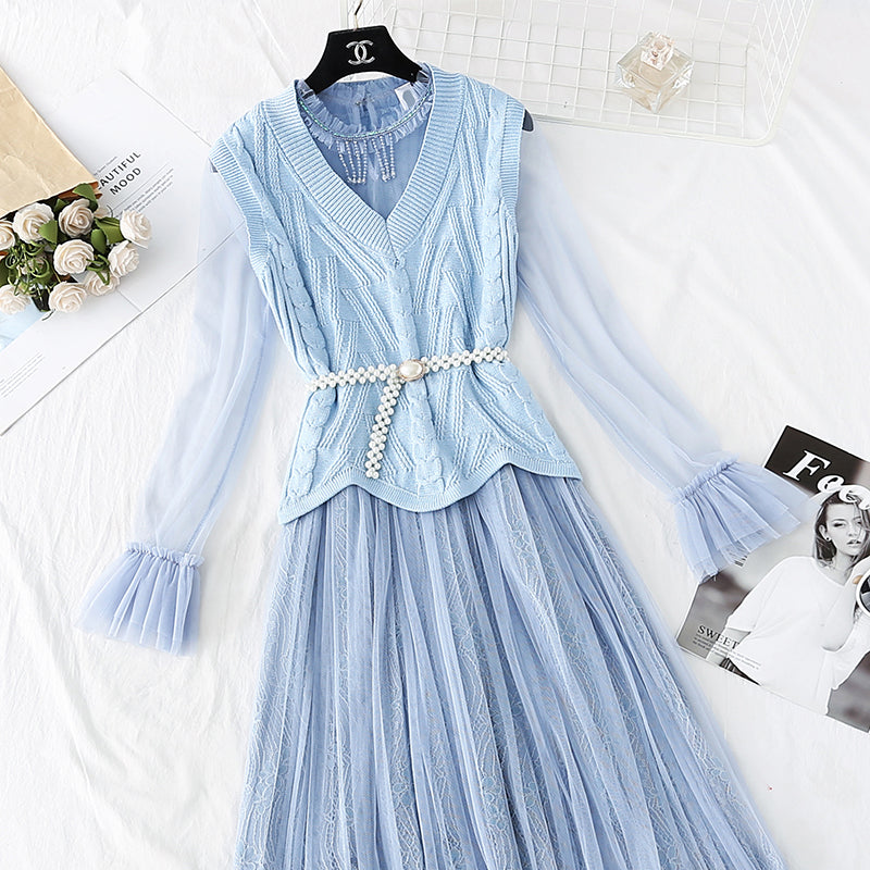 Xiaoxiangfeng suit knitted sweater mesh skirt  3805