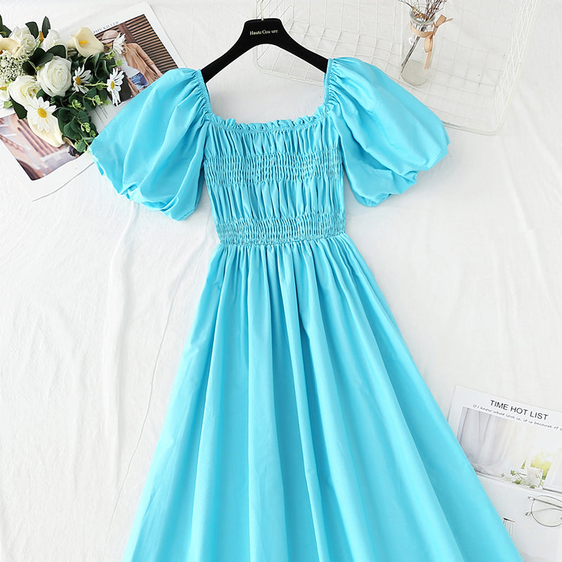 New French square neck off shoulder bubble sleeve cotton linen dress  4255