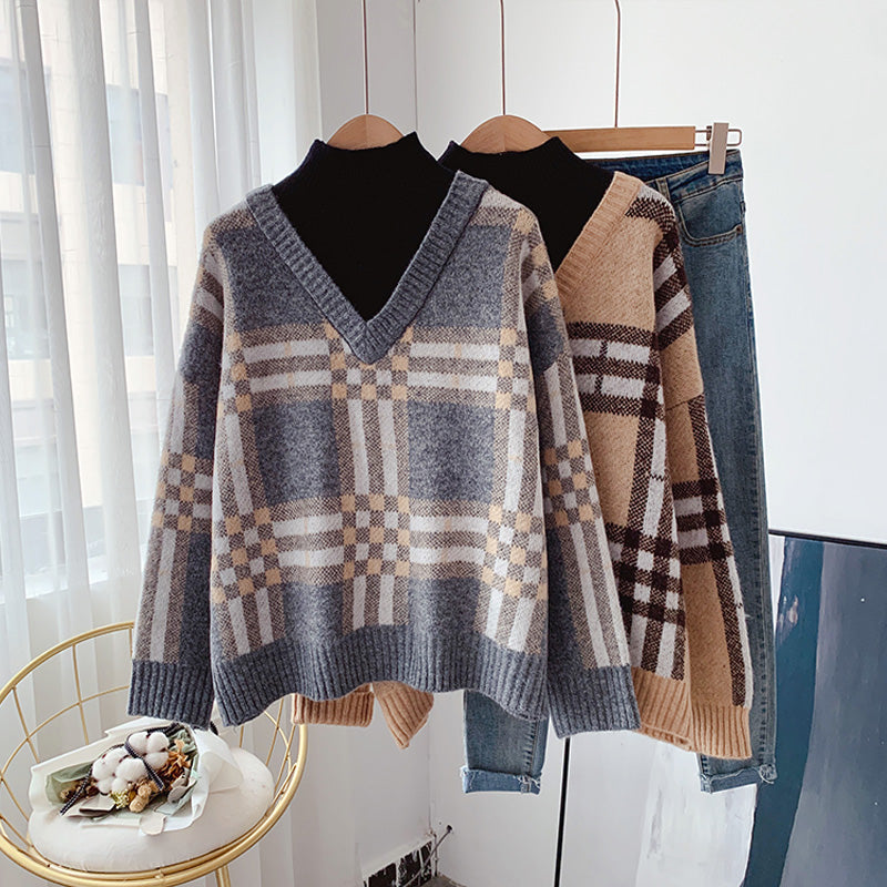 Vintage Plaid half high neck sweater  5033