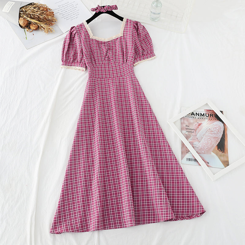 Slim waist, square neck, super immortal French retro long skirt  4660