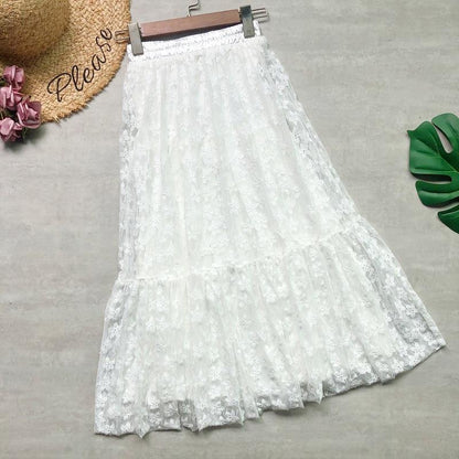 Two-sided to wear, lace patchwork ruffled A-line skirt, high waist puffy pleated skirt  3679