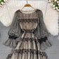 Chiffon stitched crew neck hollowed out embroidery lace dress  3776
