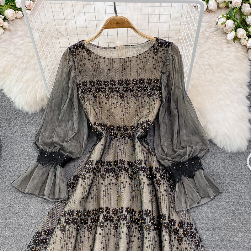 Chiffon stitched crew neck hollowed out embroidery lace dress  3776