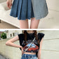 Spice Girl denim skirt, American vintage pleated skirt, patchwork high-waisted A-line shorts  3554