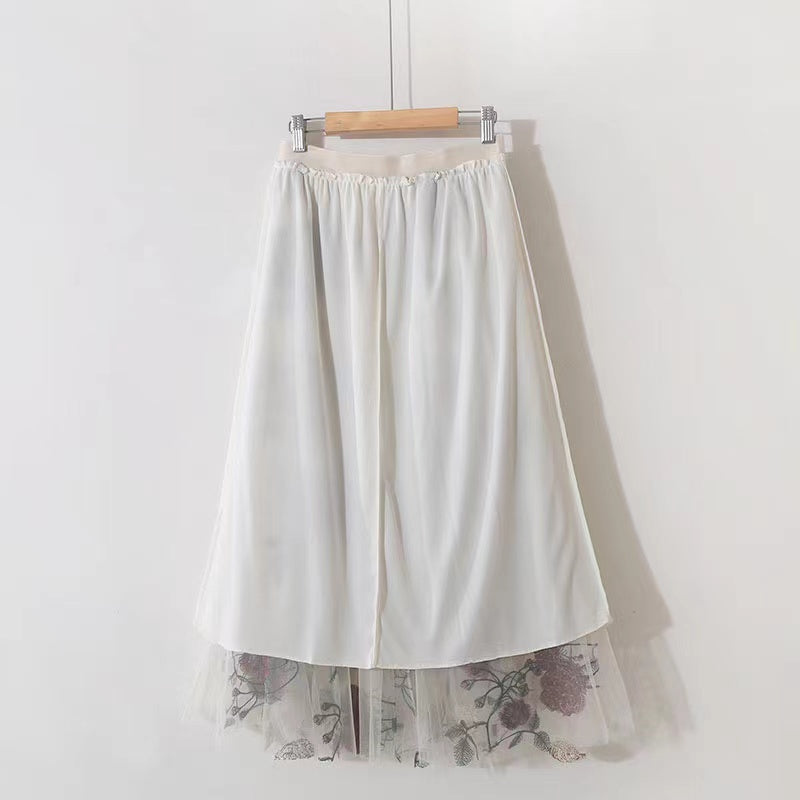 Embroidered large flowers, stylish, sweet mesh midi fairy skirt  3632