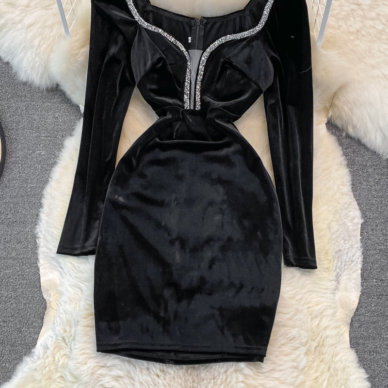 Velvet with diamond temperament, slim waist, sexy hip wrap dress  3750