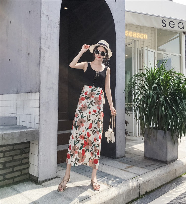 Summer, new style, chiffon split skirt, floral, high waist tie, beach sun protection holiday wrap skirt  3628
