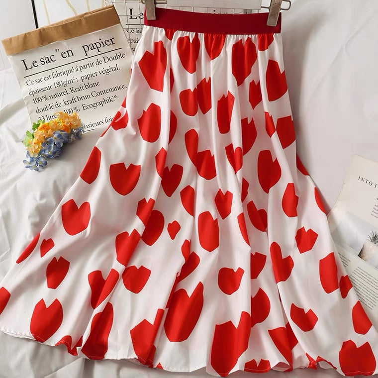 Jupe mi-longue à imprimé coeur, vent doux, jupe trapèze fine taille haute 3595