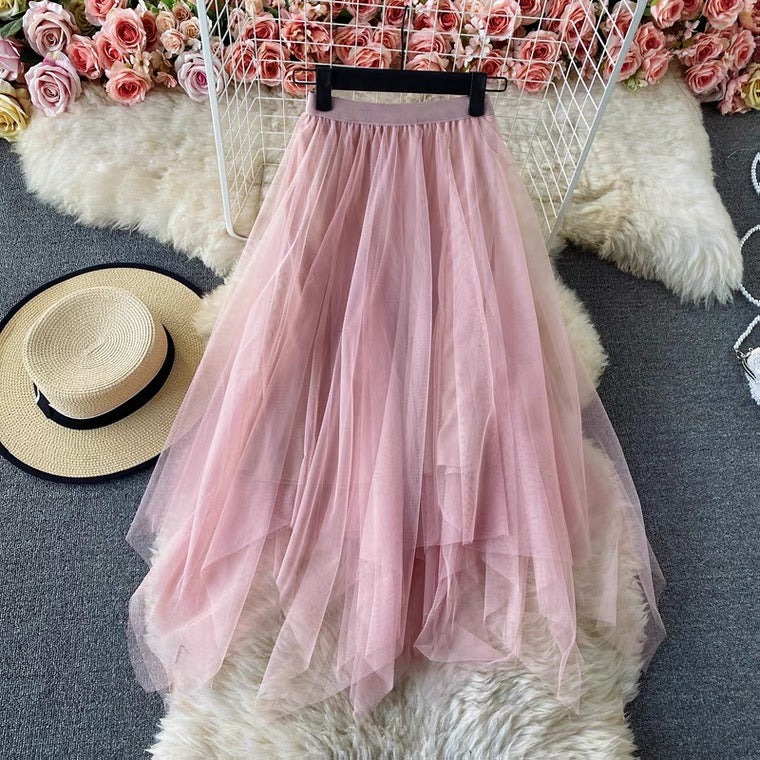 Elastic waist irregular mesh skirt, high waist medium long A-line skirt, fairy skirt shaggy skirt  3525