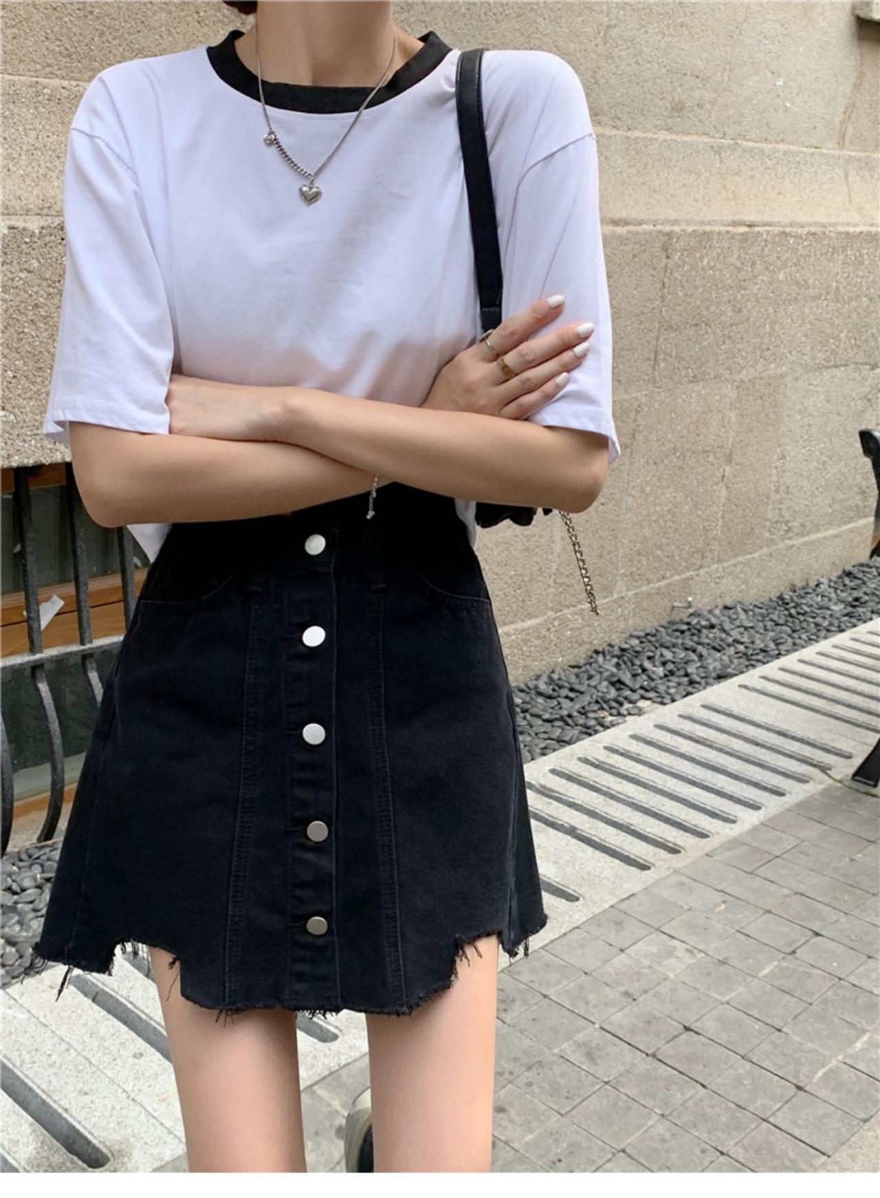 Irregular black skirt, summer, new style, high-waisted A-line skirt  3656