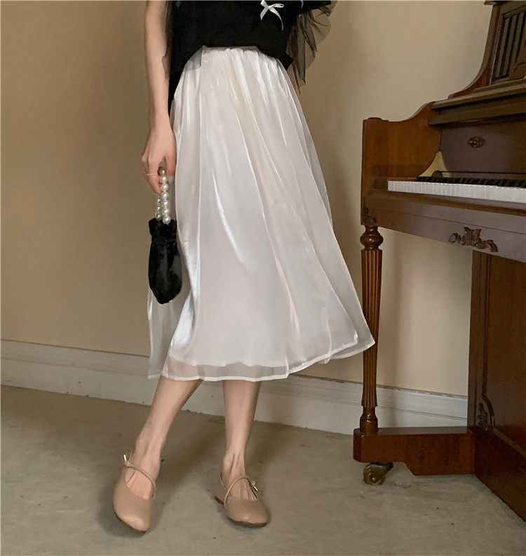 White midi skirt, high waist A-line skirt  3648
