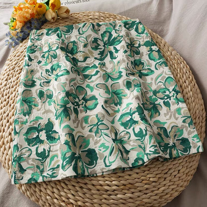 Vintage, printed high-waisted, short-cut skirt, embossed A-line skirt  3600